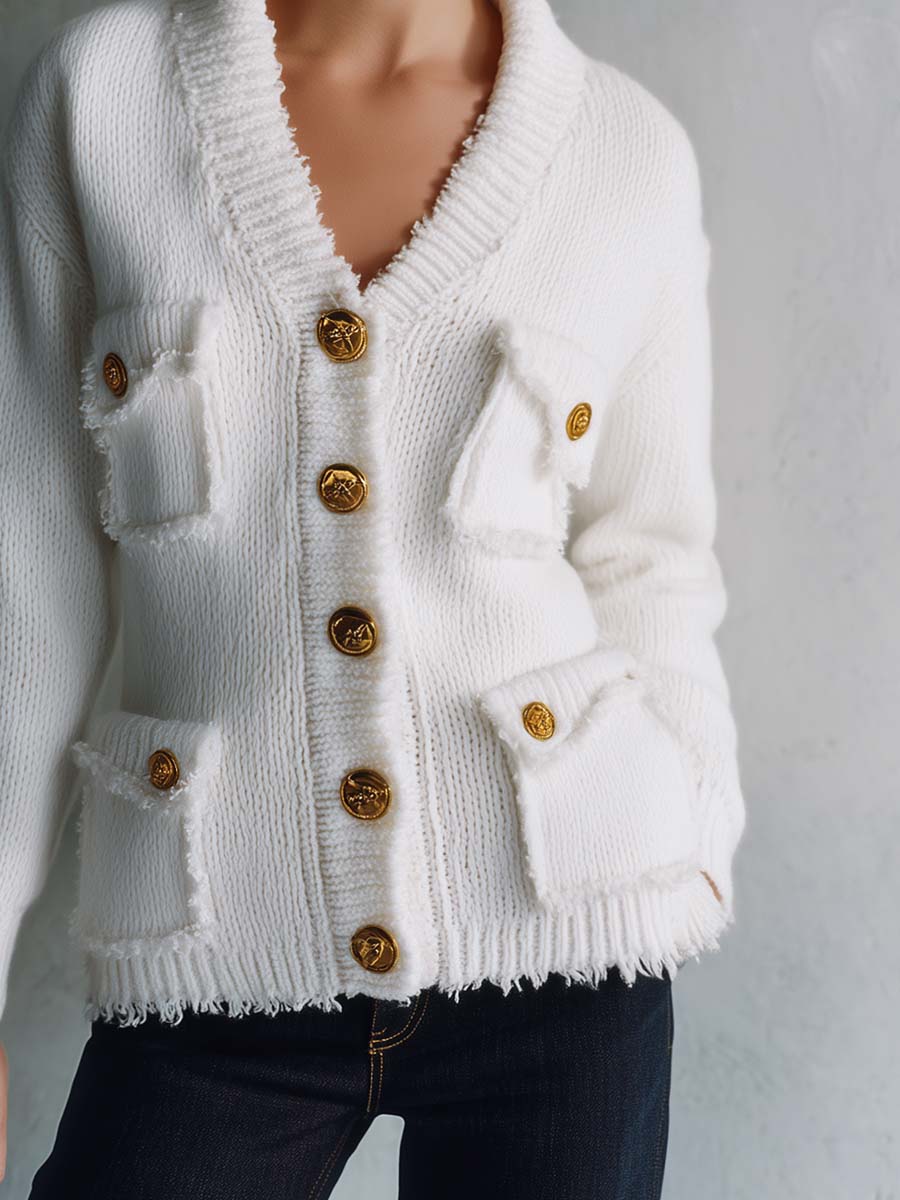 Elegant Vintage V-Neck Front-button Multi-pocket White Knit Cardigan
