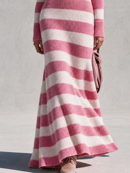 Retro Elegant Pink And White Striped Knit Maxi Dress