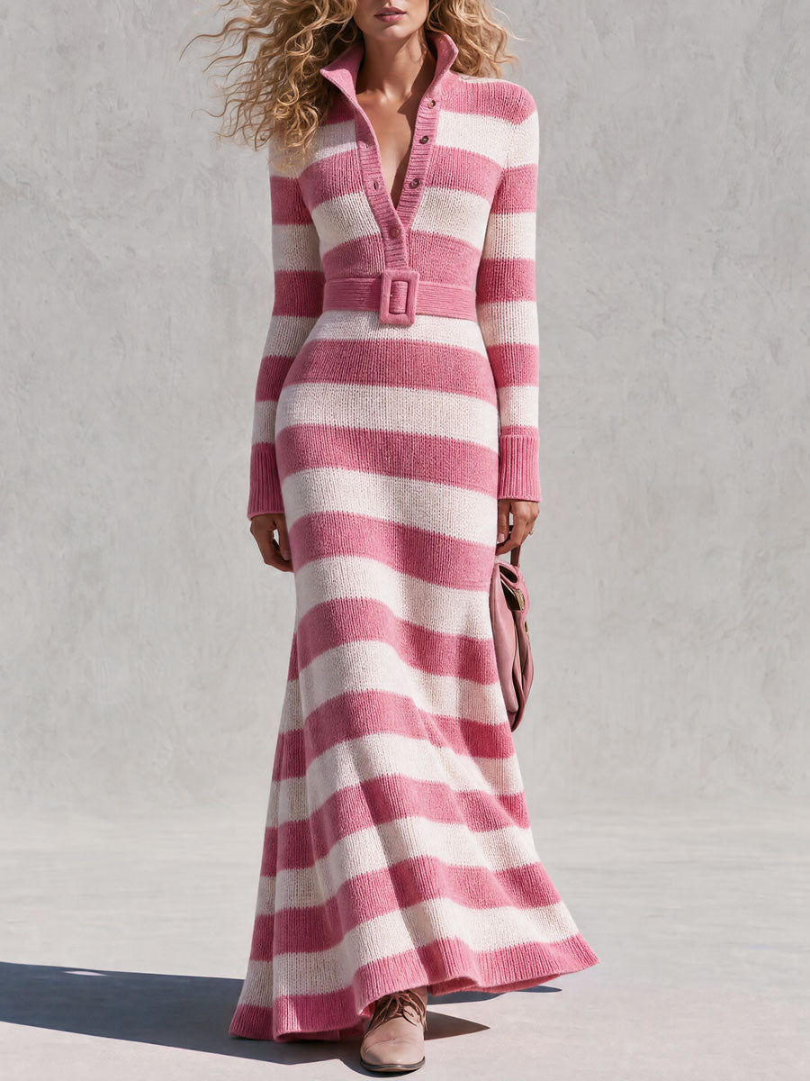 Retro Elegant Pink And White Striped Knit Maxi Dress