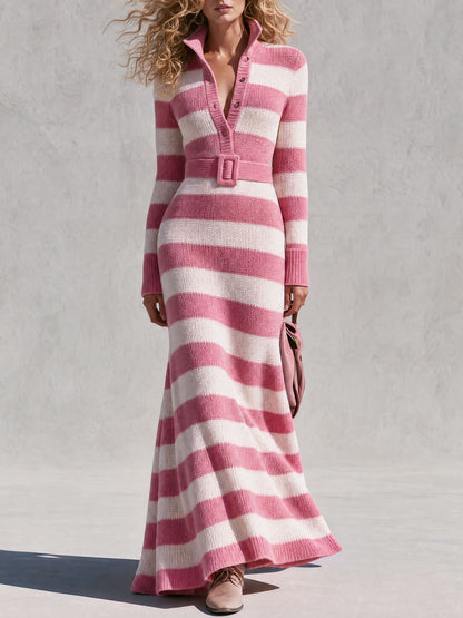 Retro Elegant Pink And White Striped Knit Maxi Dress