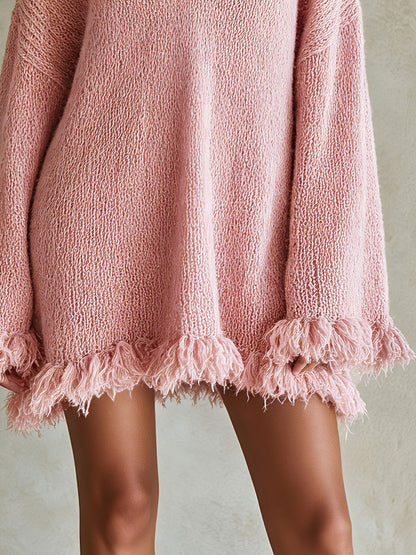 Casual And Stylish Pink Knitted V-neck Tassel Mini Dress