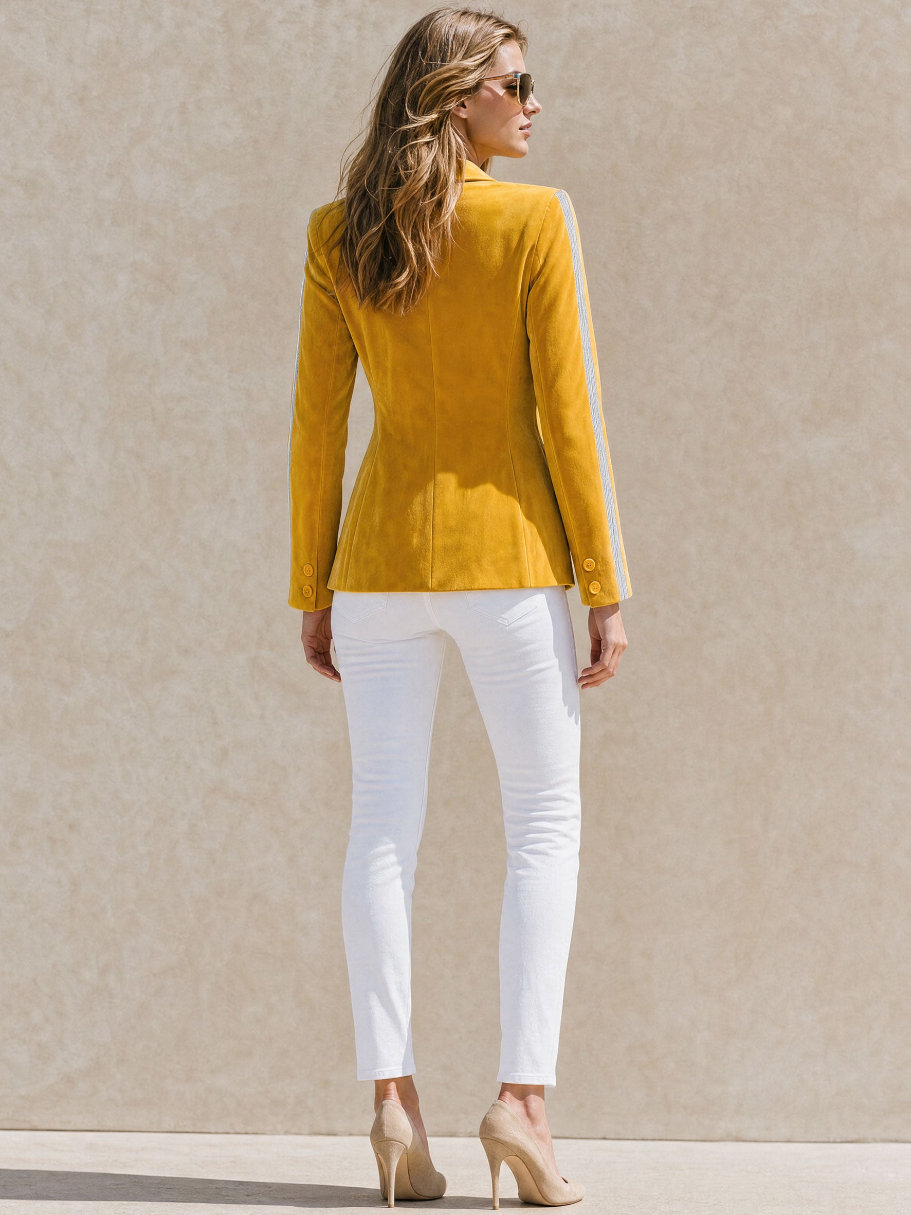 Stylish And Casual Silver Ribbon Yellow Velvet Blazer