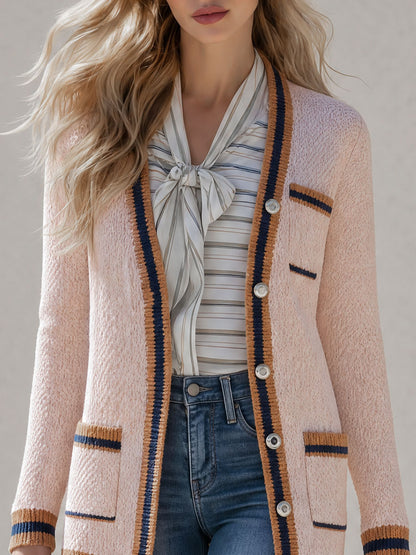 Retro-elegant Color-blocked Pink V-neck Knit Cardigan