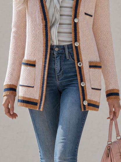 Retro-elegant Color-blocked Pink V-neck Knit Cardigan