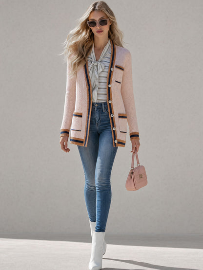 Retro-elegant Color-blocked Pink V-neck Knit Cardigan