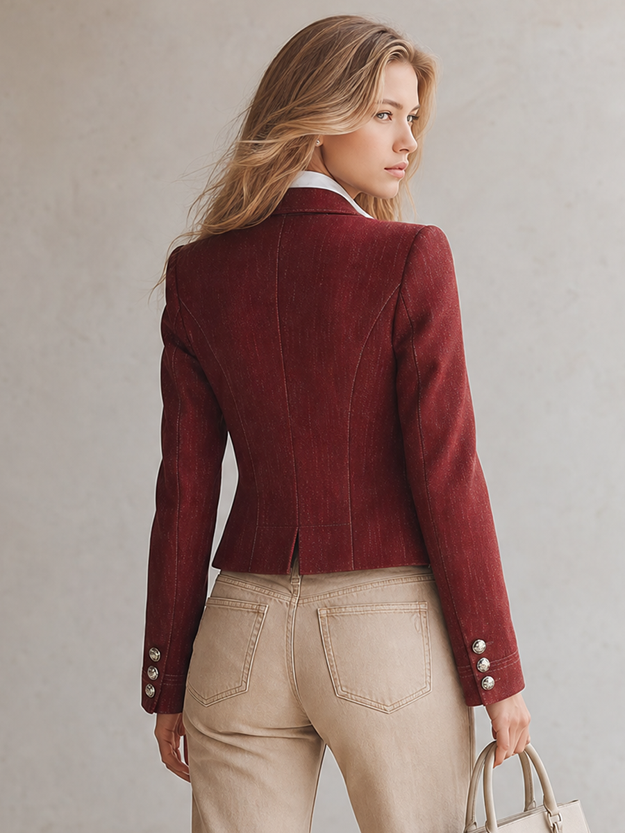 Vintage Double-breasted Metal-button Slim-fit Cropped Denim Blazer
