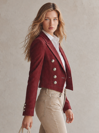 Vintage Double-breasted Metal-button Slim-fit Cropped Denim Blazer