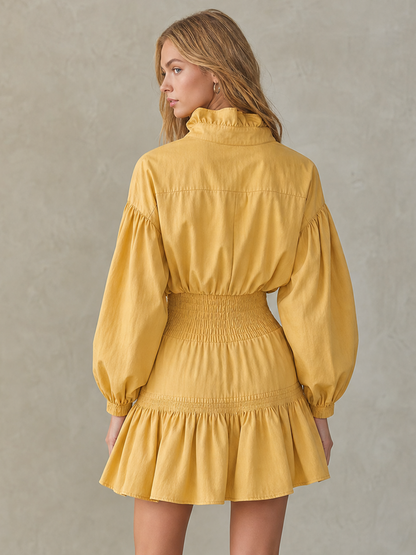 Casual Stand-collar Half-zip Gathered Cinched-waist Denim Dress