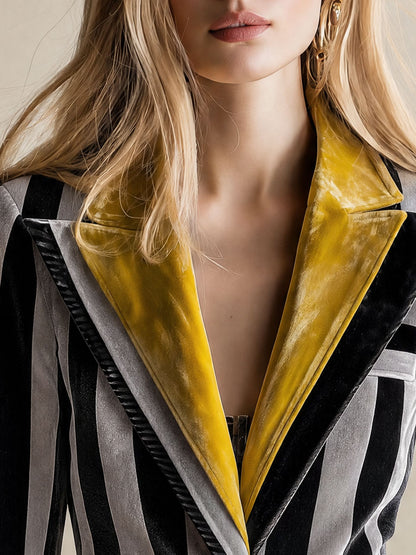 Retro-elegant Color-blocked Collar Gray Striped Velvet Blazer