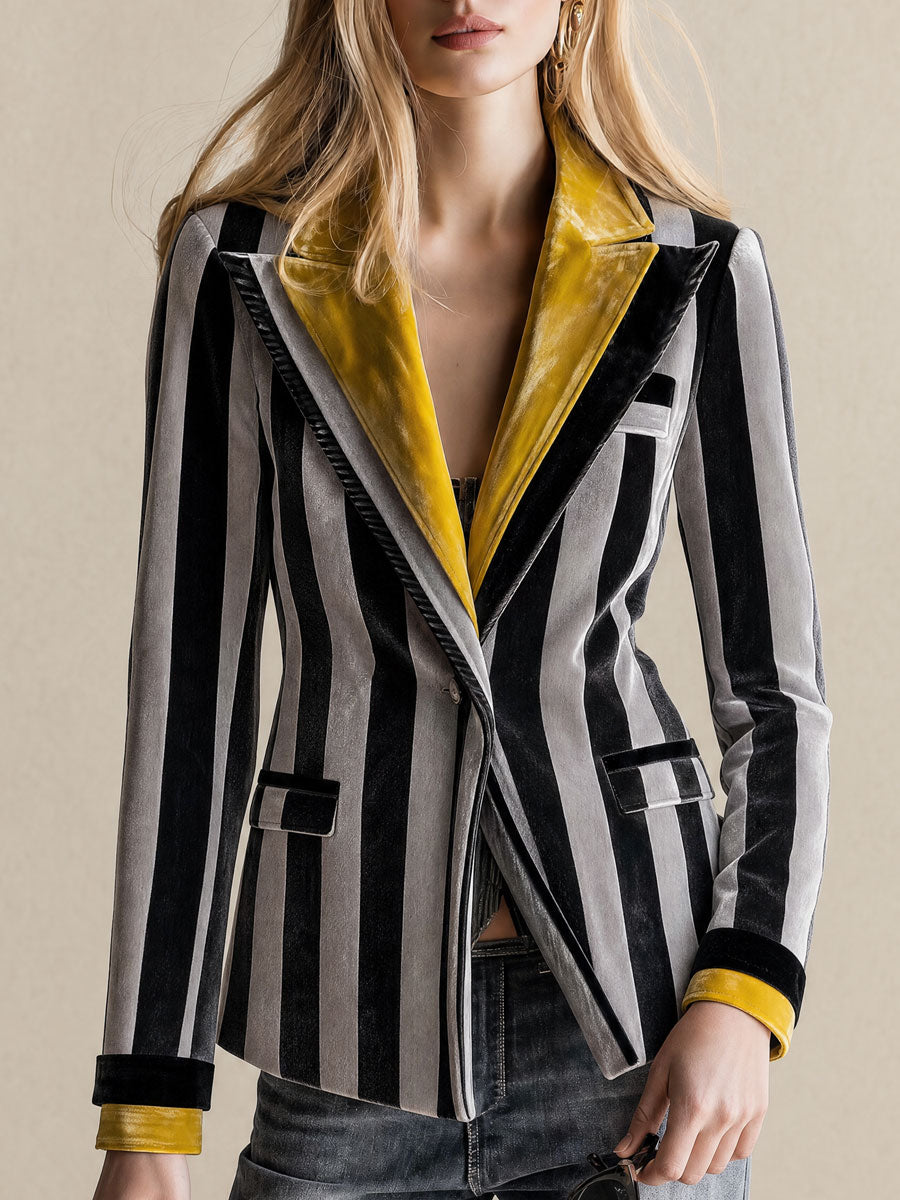 Retro-elegant Color-blocked Collar Gray Striped Velvet Blazer