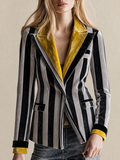 Retro-elegant Color-blocked Collar Gray Striped Velvet Blazer