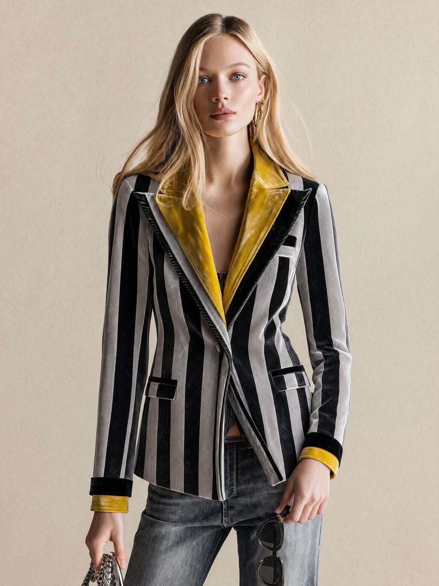 Retro-elegant Color-blocked Collar Gray Striped Velvet Blazer