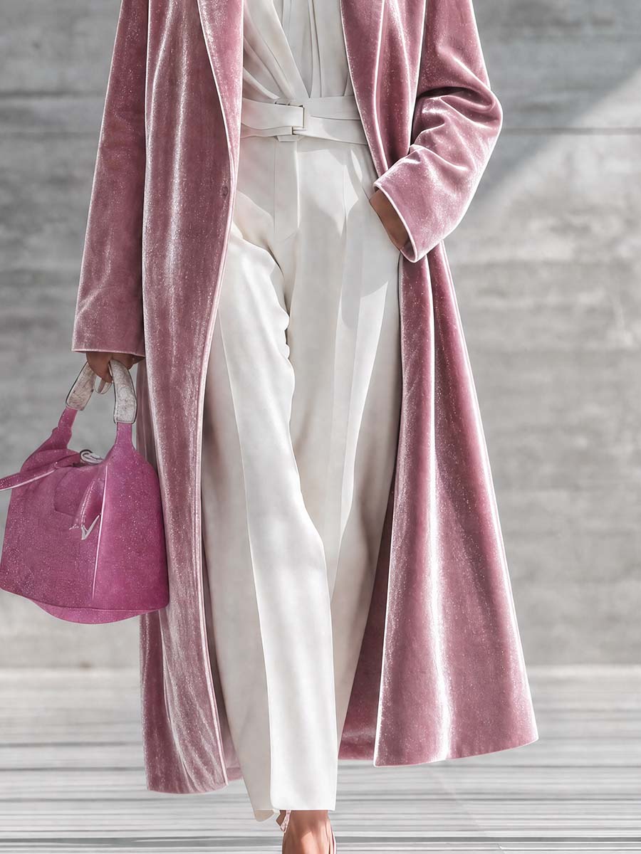 Urban Elegance Pink Shimmering Velvet Long Coat