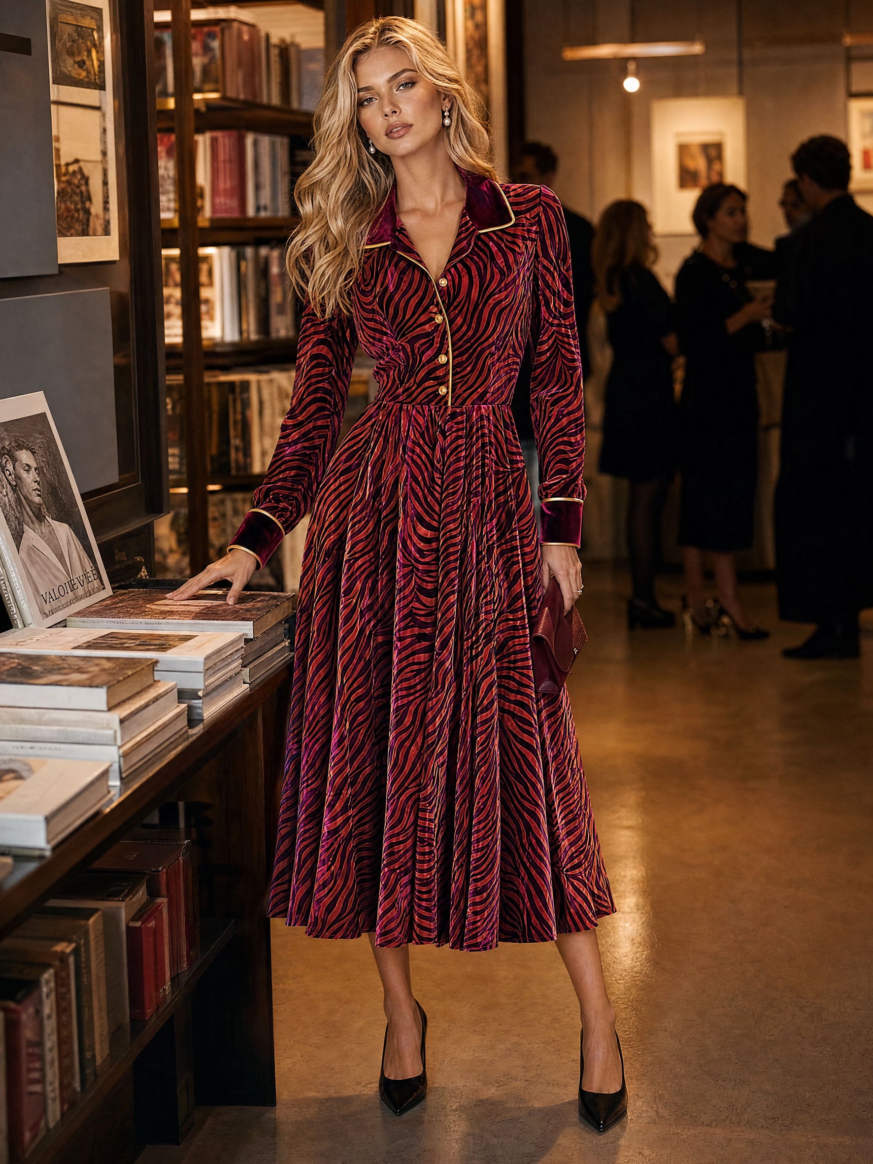 Stylish And Elegant Zebra-print Burgundy Velvet Midi Dress