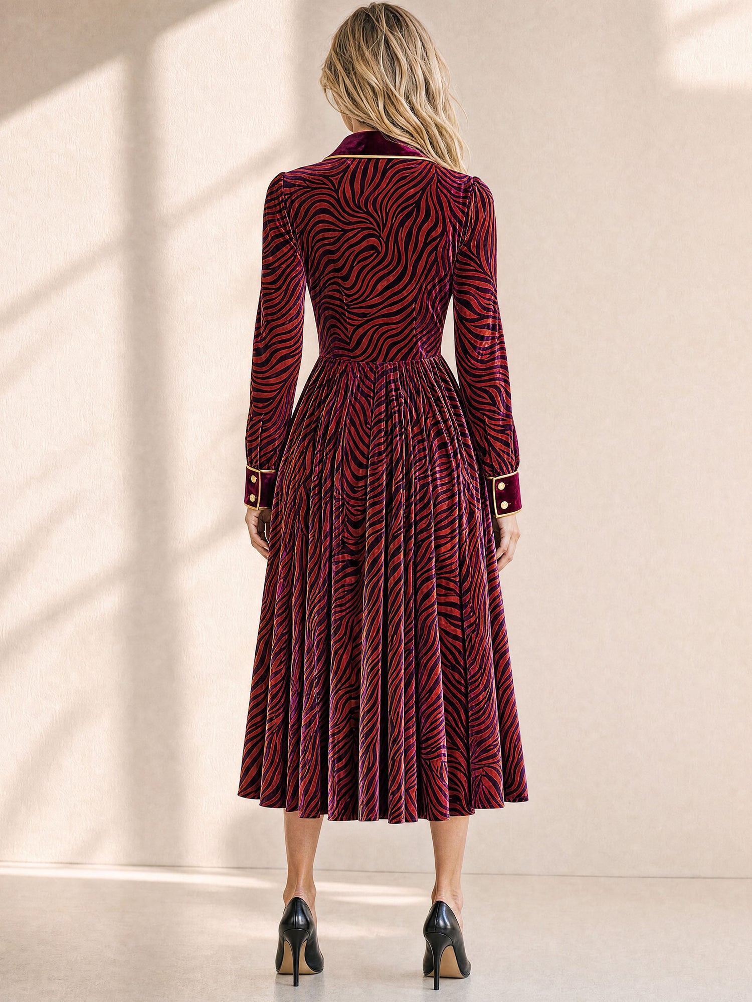 Stylish And Elegant Zebra-print Burgundy Velvet Midi Dress