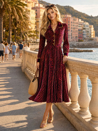 Stylish And Elegant Zebra-print Burgundy Velvet Midi Dress