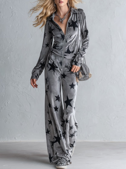 Chic Urban Star-Print Zip-Front Grey Velour Jumpsuit