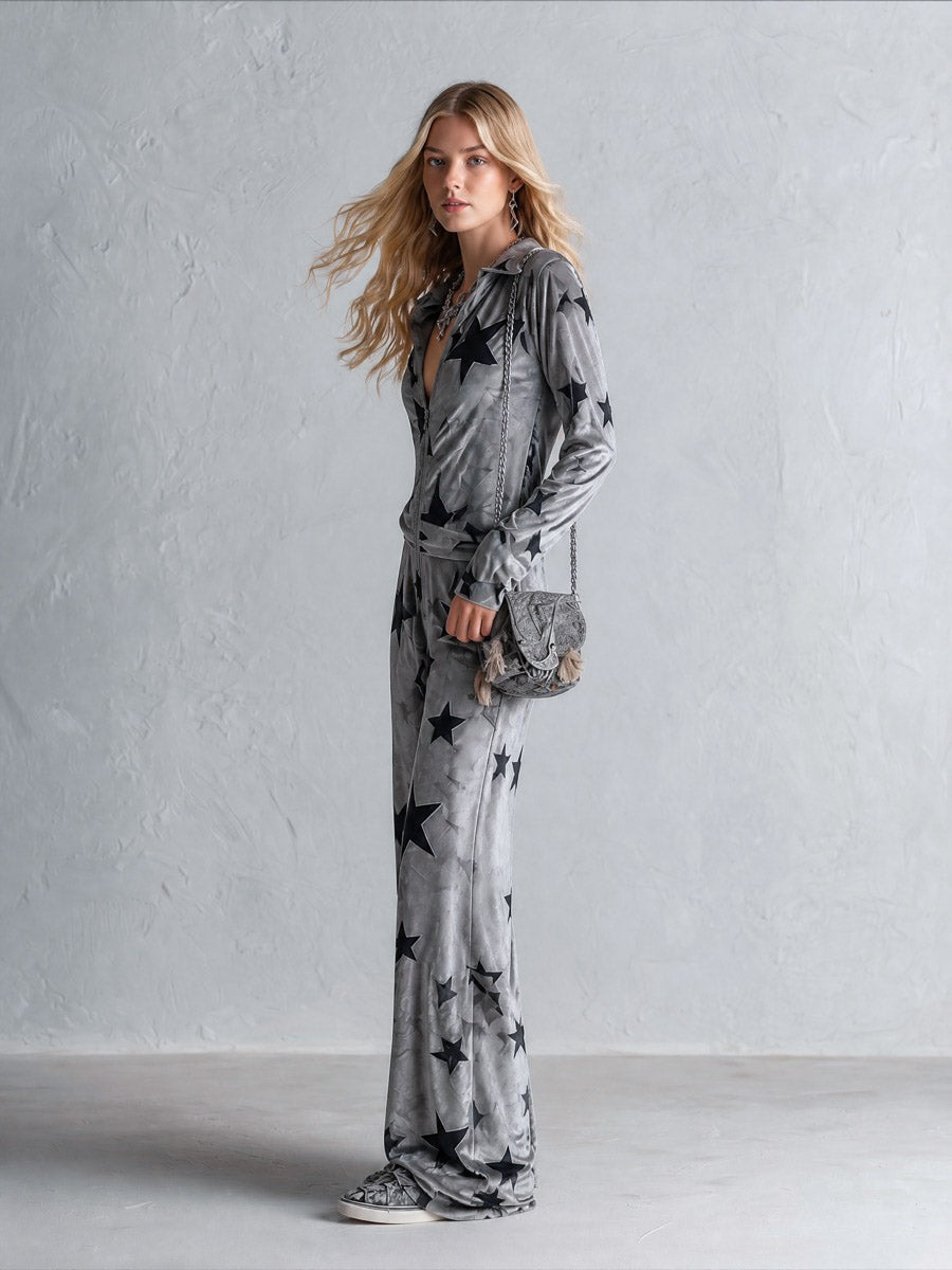 Chic Urban Star-Print Zip-Front Grey Velour Jumpsuit