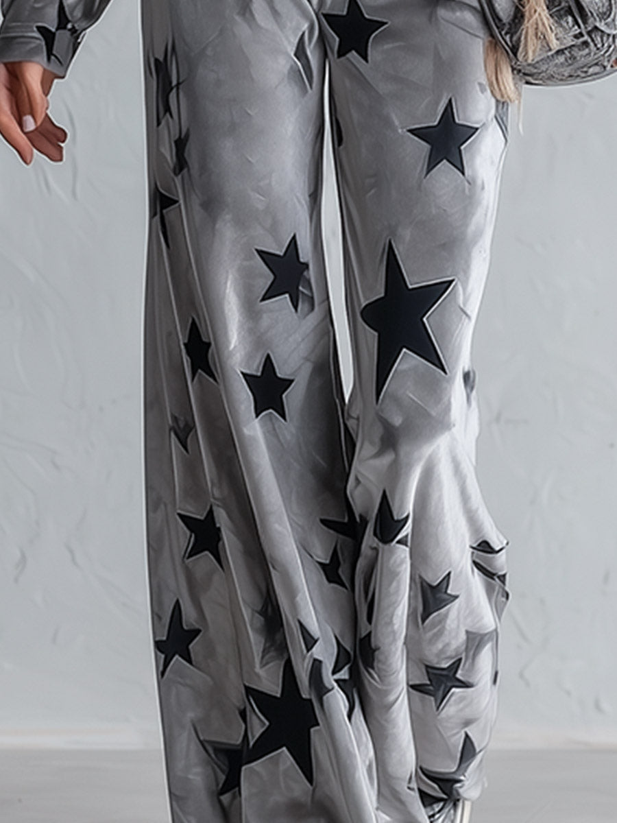 Chic Urban Star-Print Zip-Front Grey Velour Jumpsuit