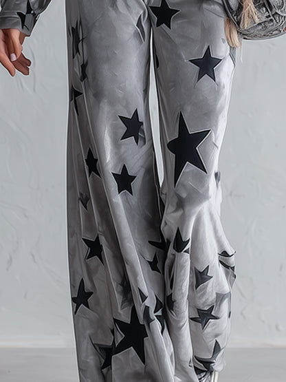Chic Urban Star-Print Zip-Front Grey Velour Jumpsuit