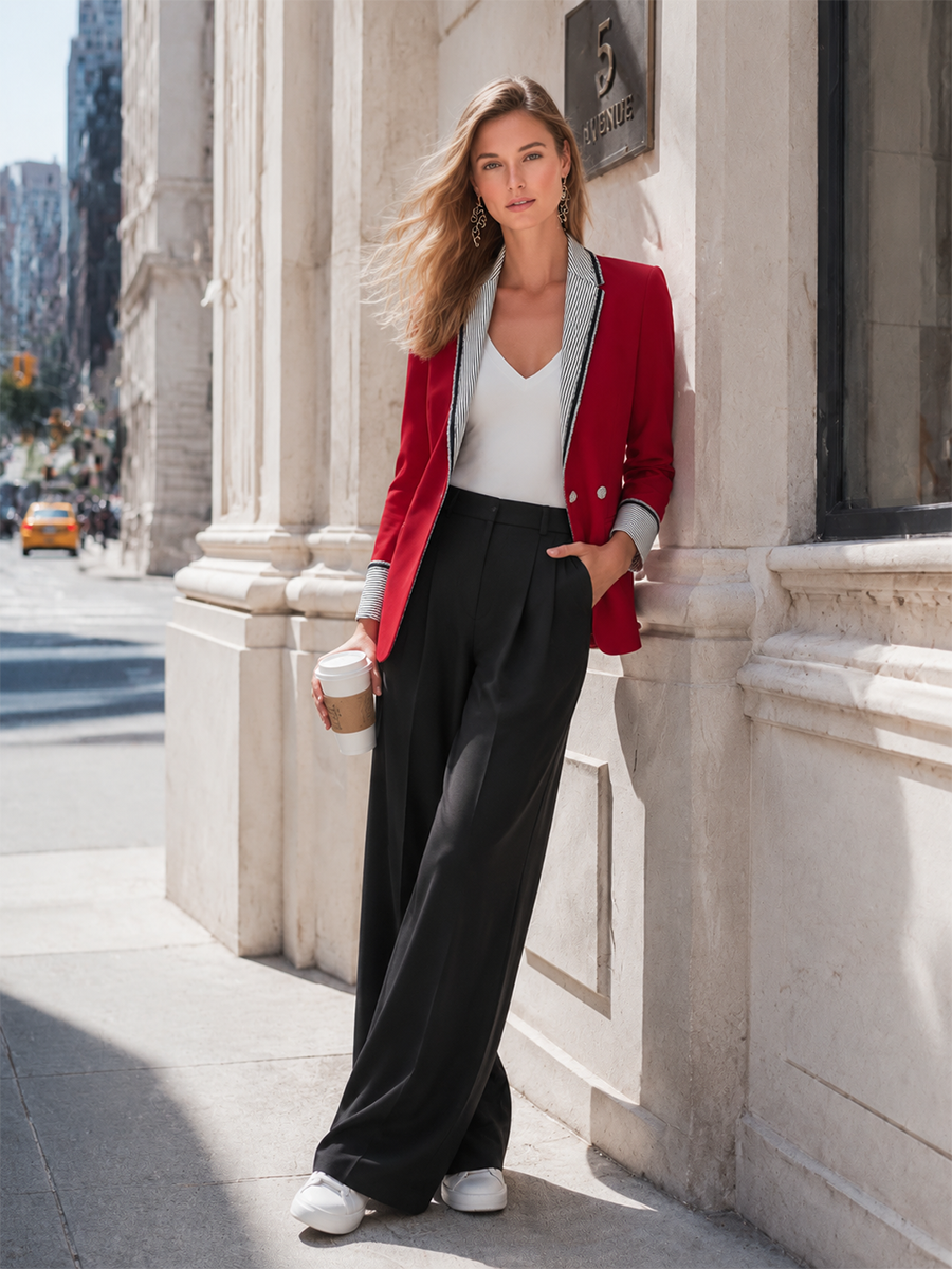 Elegant Urban Striped-Collar Red Blazer