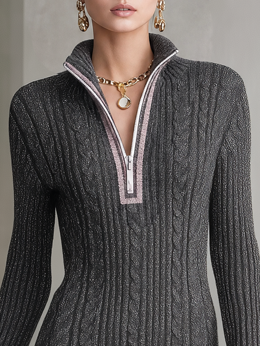 Grey Cable-knit Dress With A Retro Casual And Elegant Style
