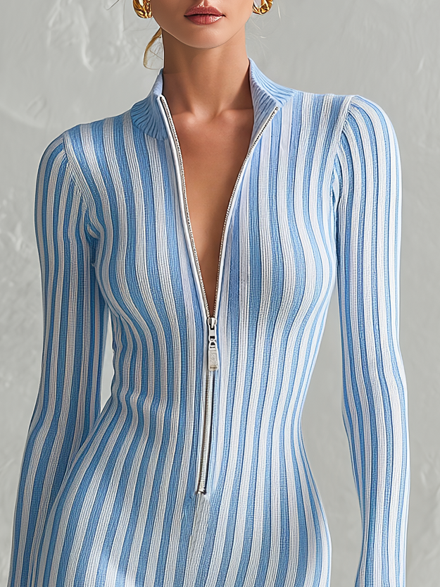 Retro-casual Elegant Blue And White Vertical-striped Knit Dress