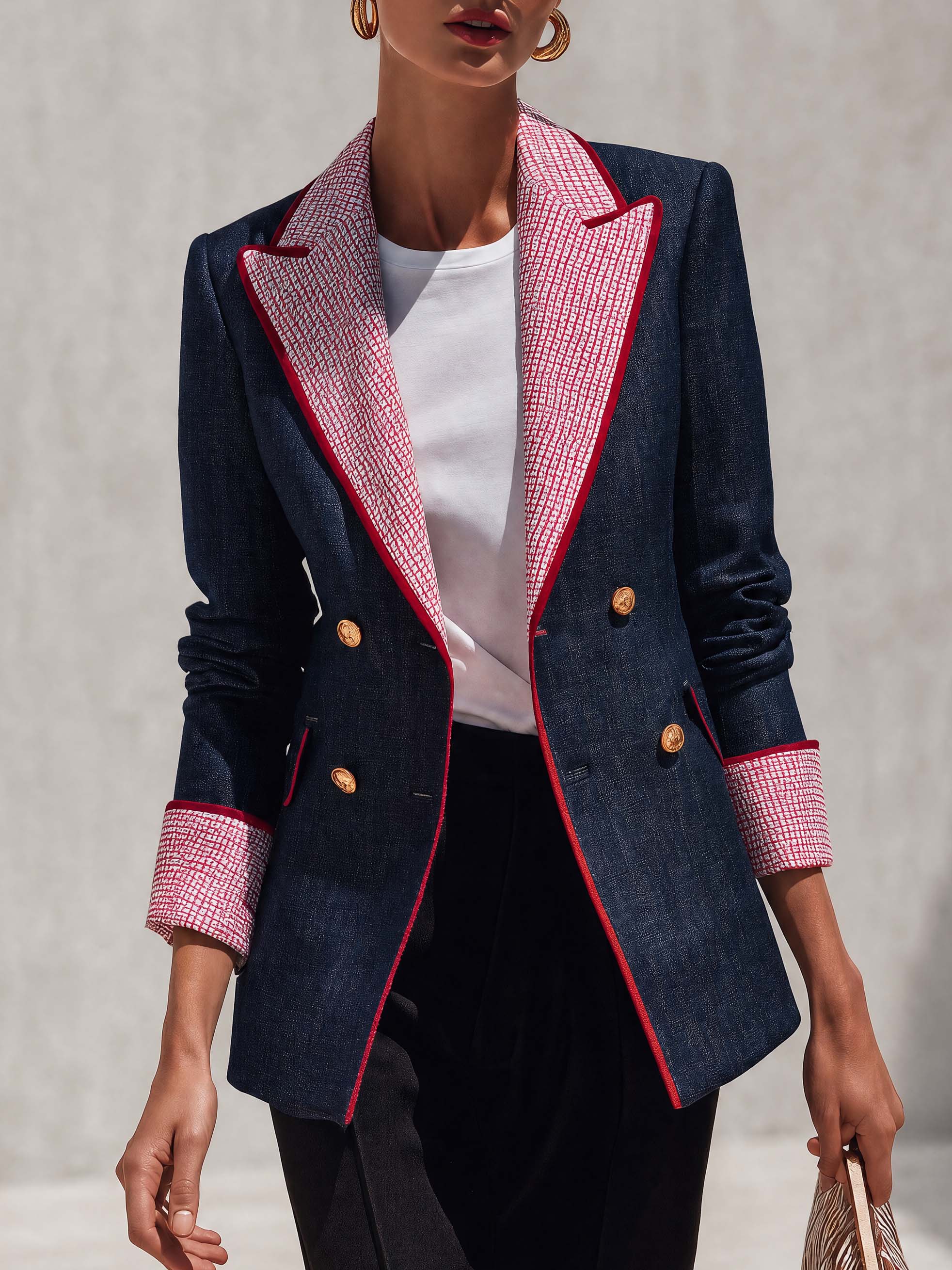 Retro Color-blocking Checked Peak-lapel X-line Blazer