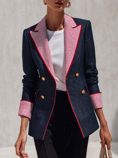 Retro Color-blocking Checked Peak-lapel X-line Blazer