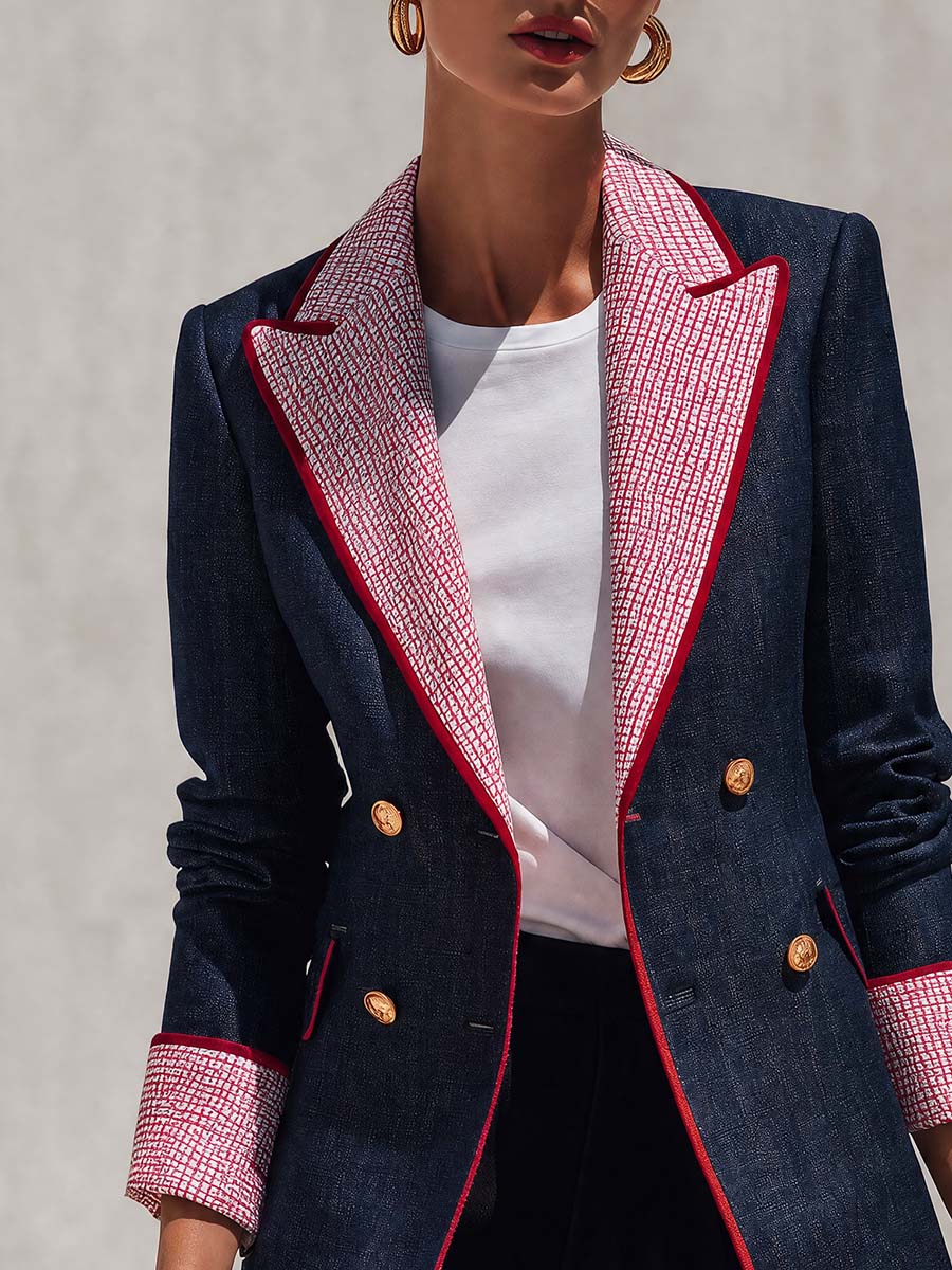 Retro Color-blocking Checked Peak-lapel X-line Blazer