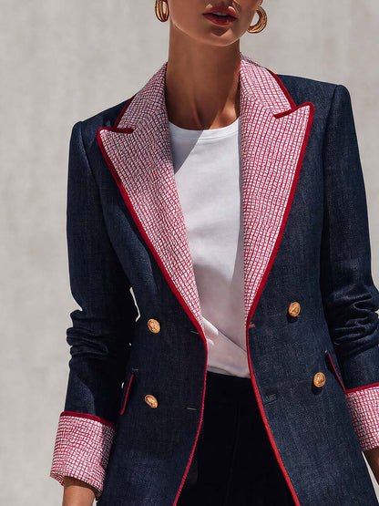 Retro Color-blocking Checked Peak-lapel X-line Blazer