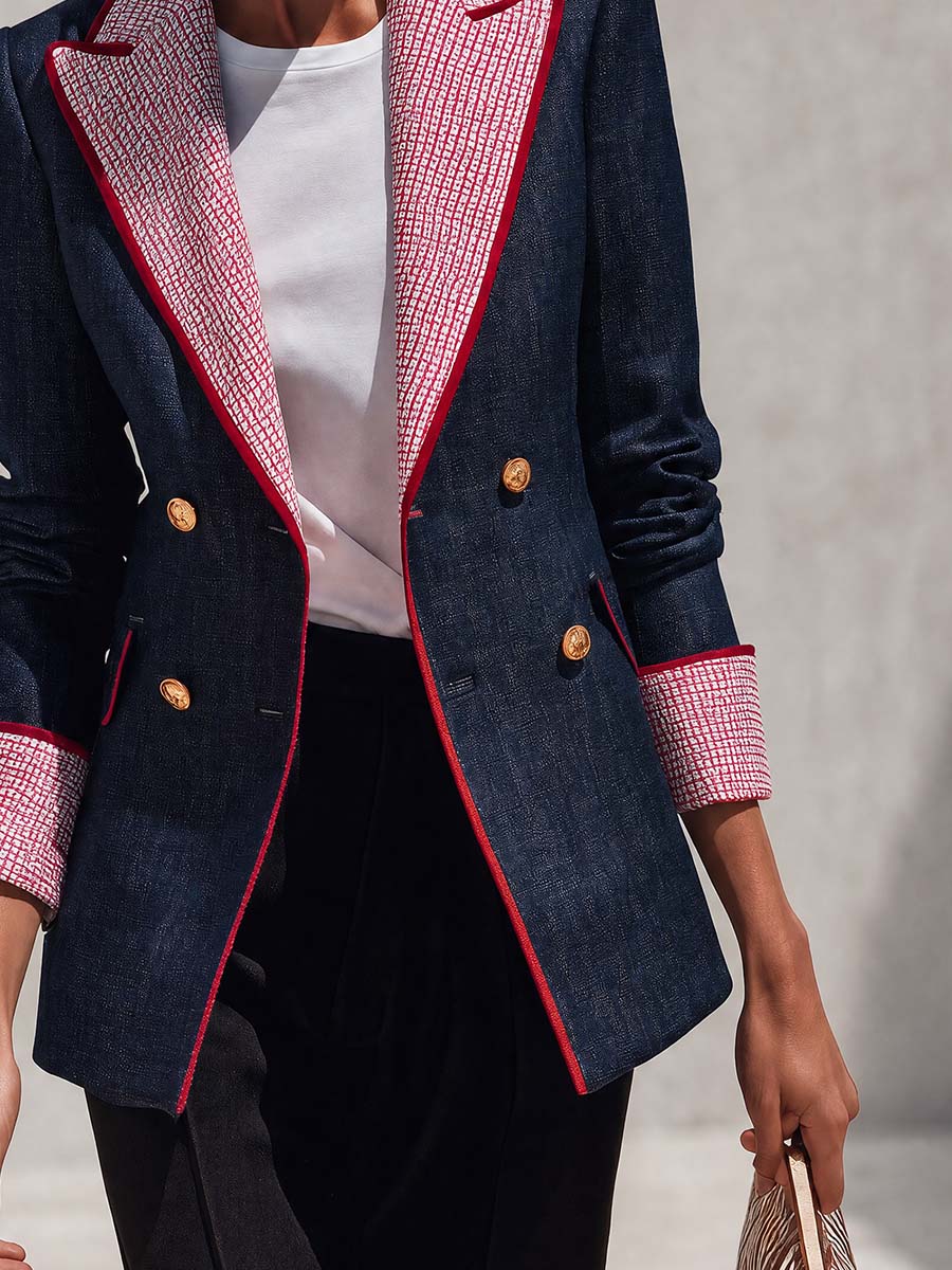 Retro Color-blocking Checked Peak-lapel X-line Blazer