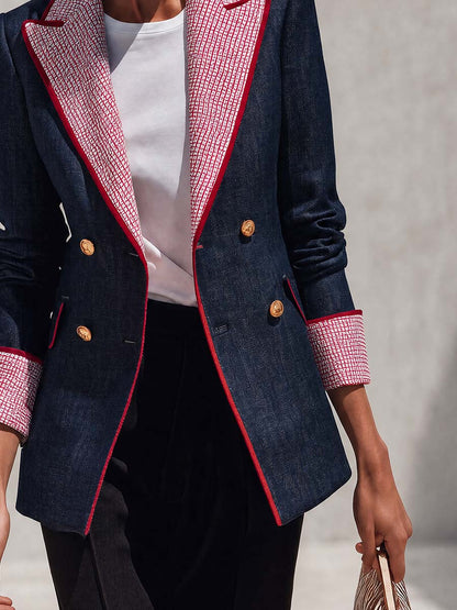 Retro Color-blocking Checked Peak-lapel X-line Blazer