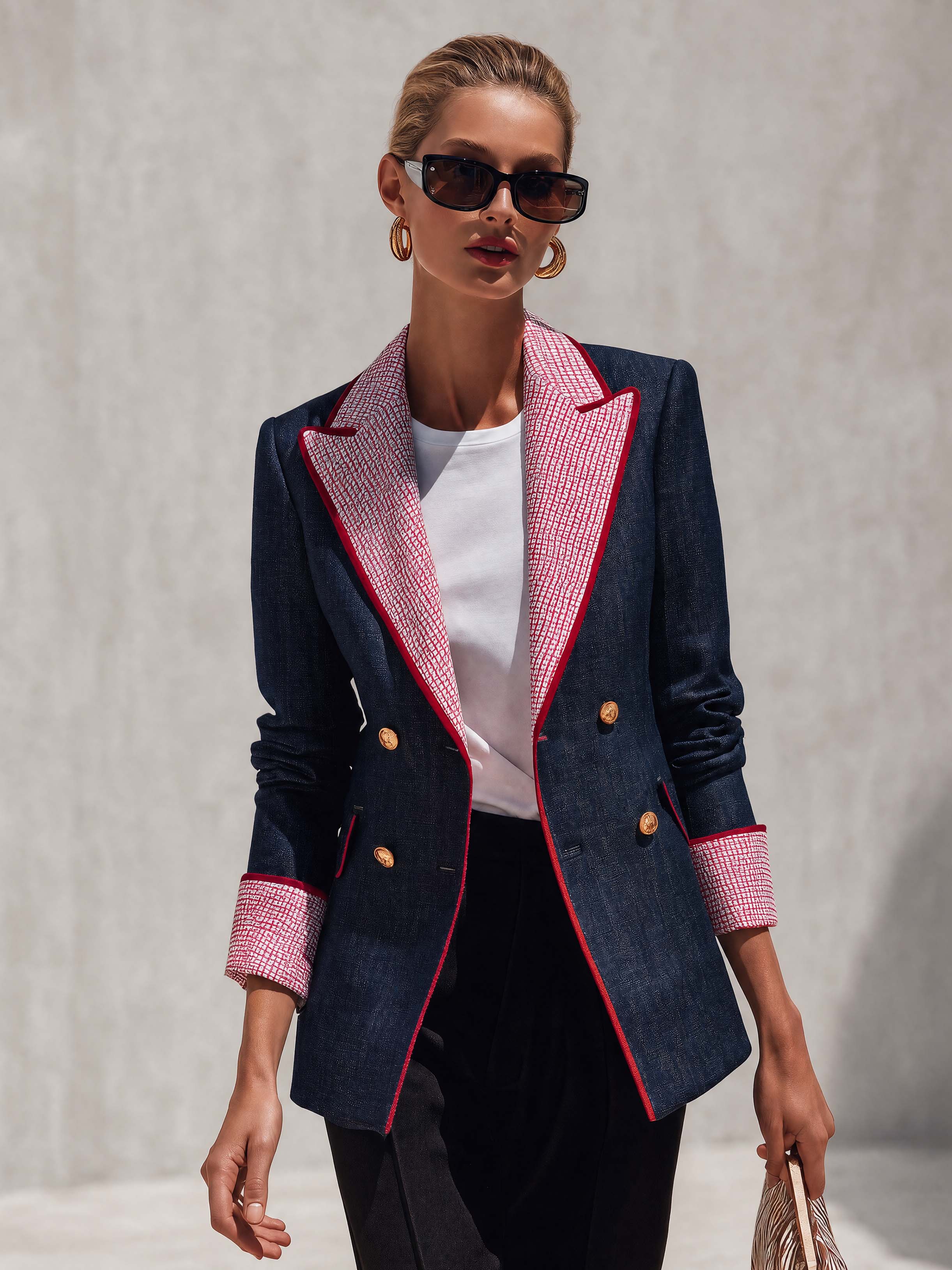 Retro Color-blocking Checked Peak-lapel X-line Blazer