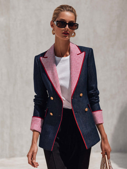 Retro Color-blocking Checked Peak-lapel X-line Blazer