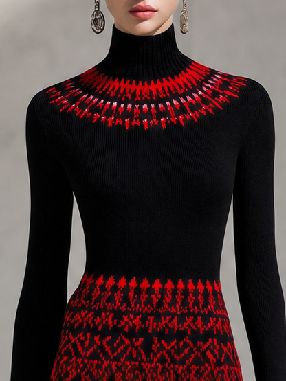 Retro-chic Red Patterned Knitted Maxi Dress