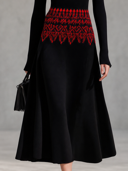 Retro-chic Red Patterned Knitted Maxi Dress