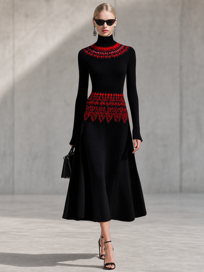 Retro-chic Red Patterned Knitted Maxi Dress