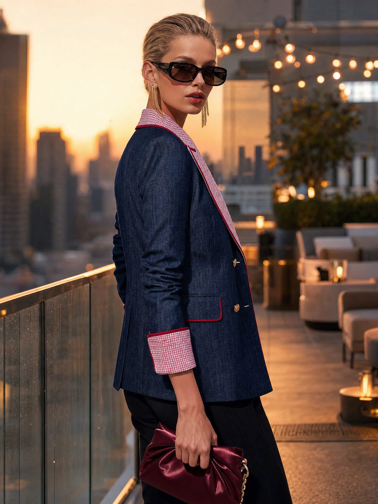 Retro Color-blocking Checked Peak-lapel X-line Blazer