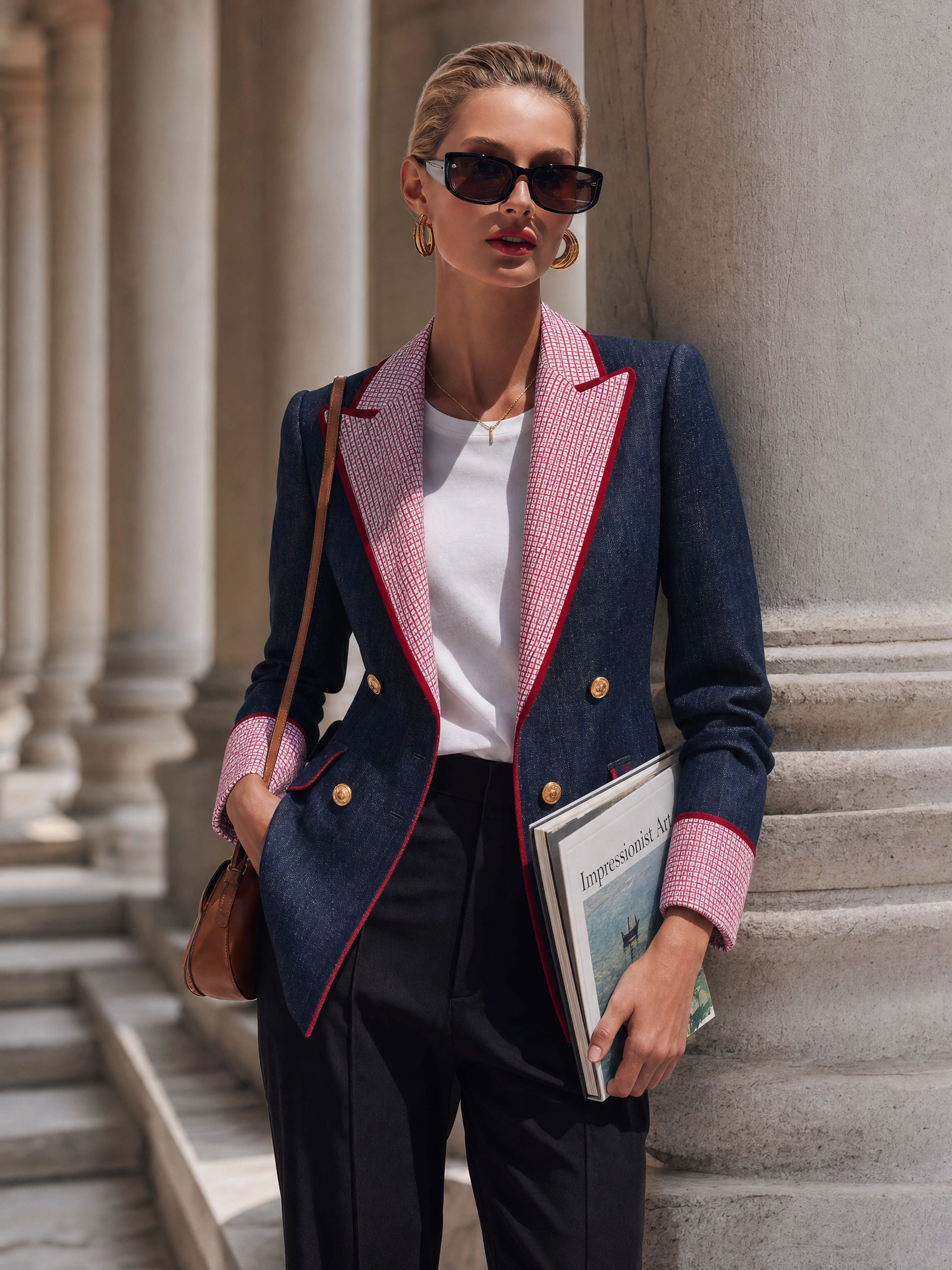 Retro Color-blocking Checked Peak-lapel X-line Blazer