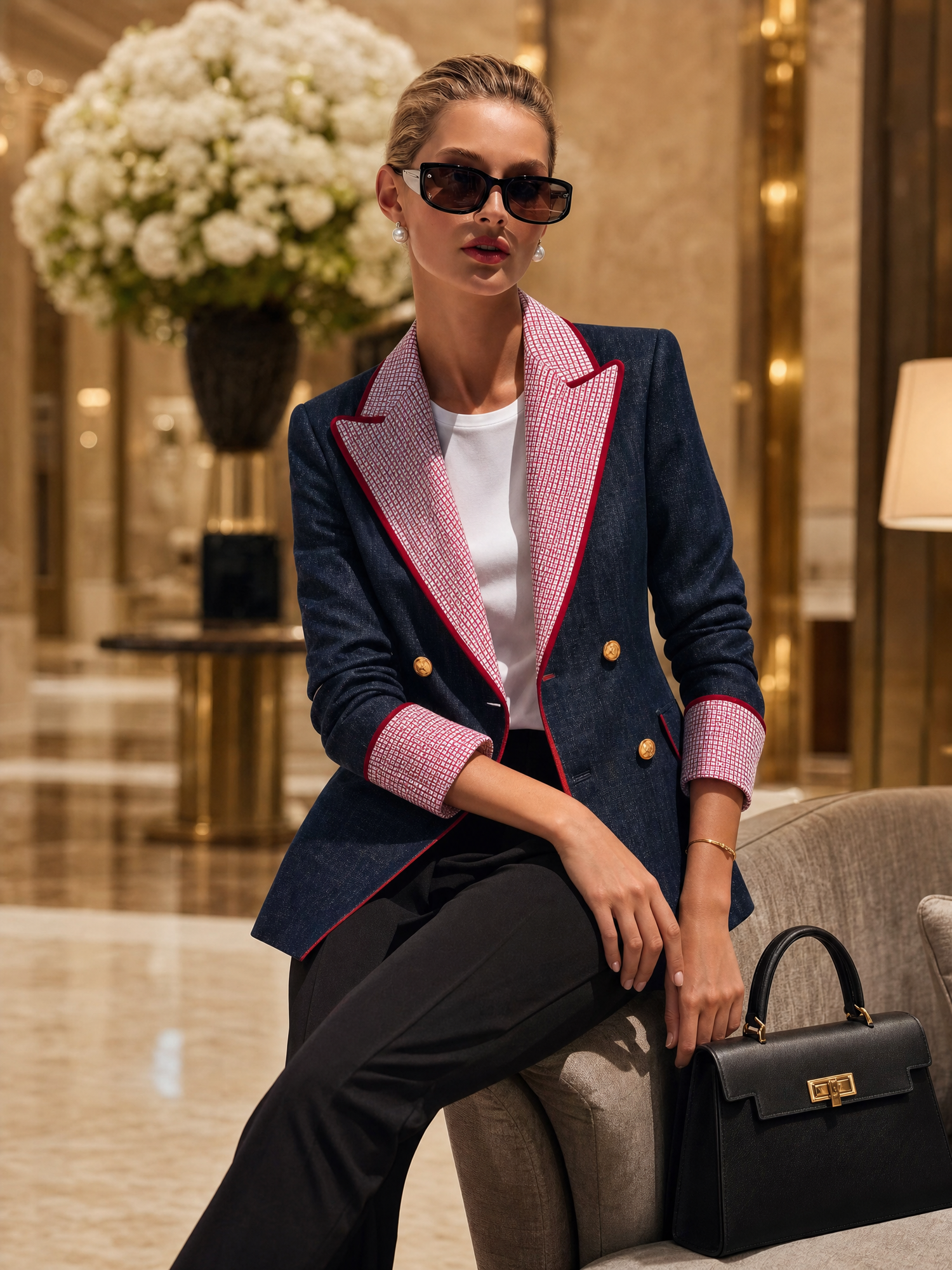 Retro Color-blocking Checked Peak-lapel X-line Blazer