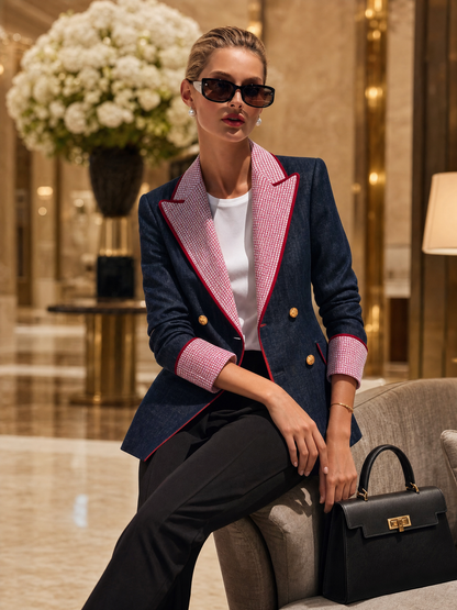 Retro Color-blocking Checked Peak-lapel X-line Blazer