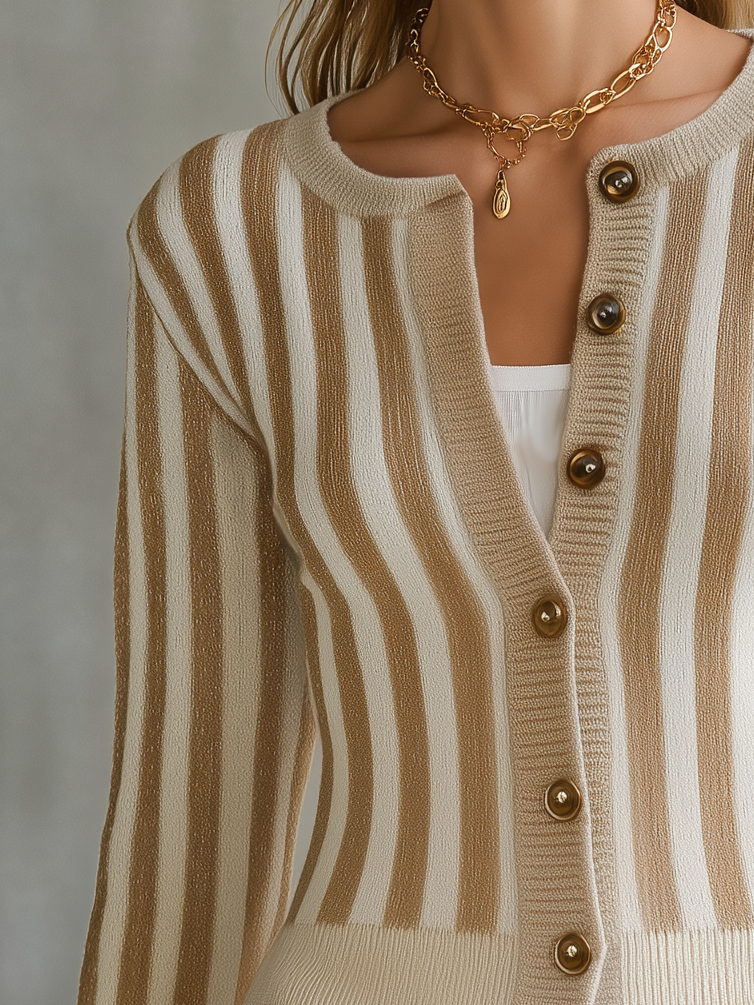Retro-casual Elegant Brown And White Vertical-striped Knit Cardigan