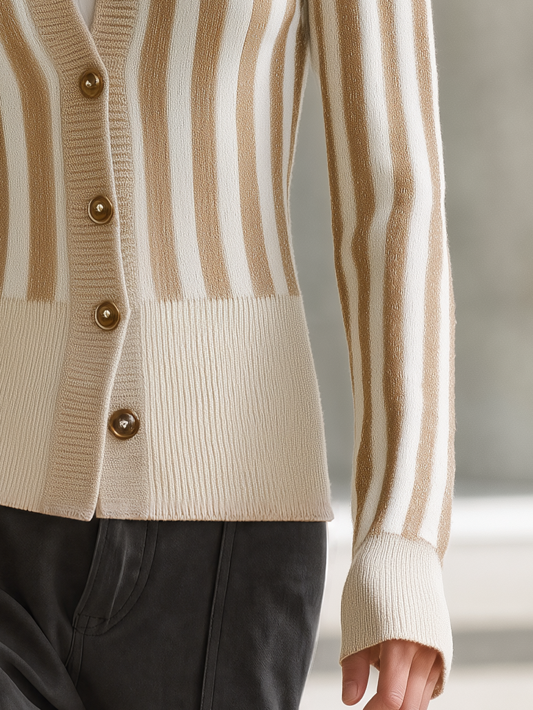 Retro-casual Elegant Brown And White Vertical-striped Knit Cardigan