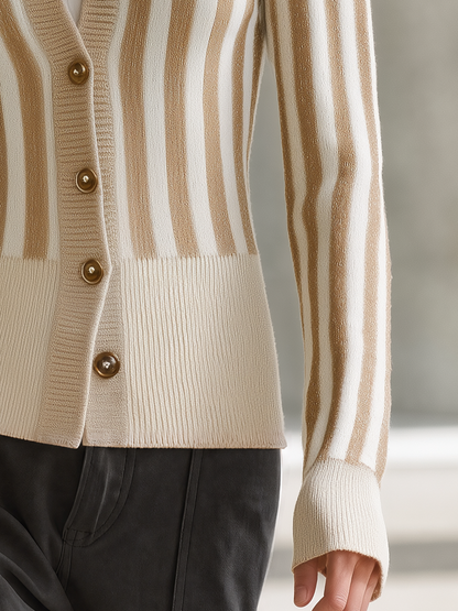 Retro-casual Elegant Brown And White Vertical-striped Knit Cardigan