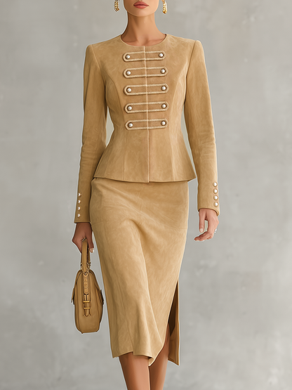 Retro-chic Faux Suede Skirt Set With Decorative Buckles