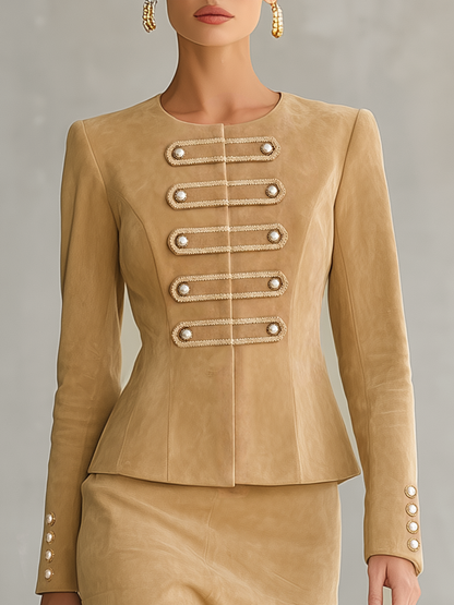 Retro-chic Faux Suede Skirt Set With Decorative Buckles