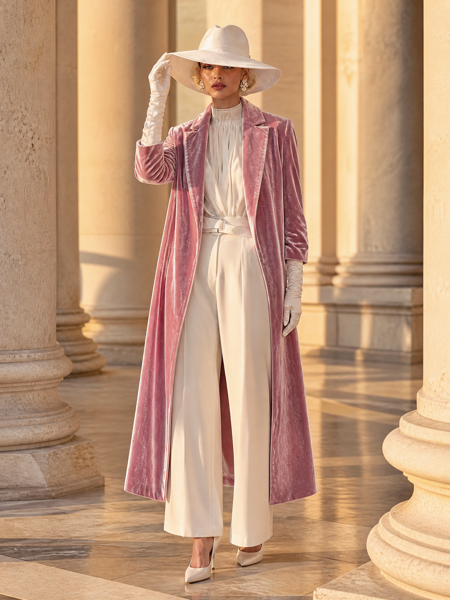 Urban Elegance Pink Shimmering Velvet Long Coat