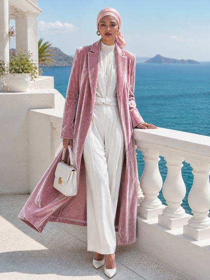 Urban Elegance Pink Shimmering Velvet Long Coat