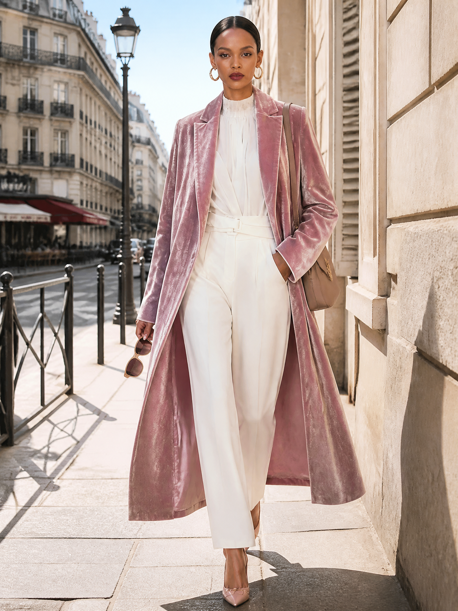 Urban Elegance Pink Shimmering Velvet Long Coat